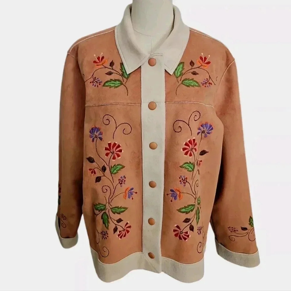 Graff Wear Jacket Women Large Brown Multi Floral Embroider Snap Folk Gardencore